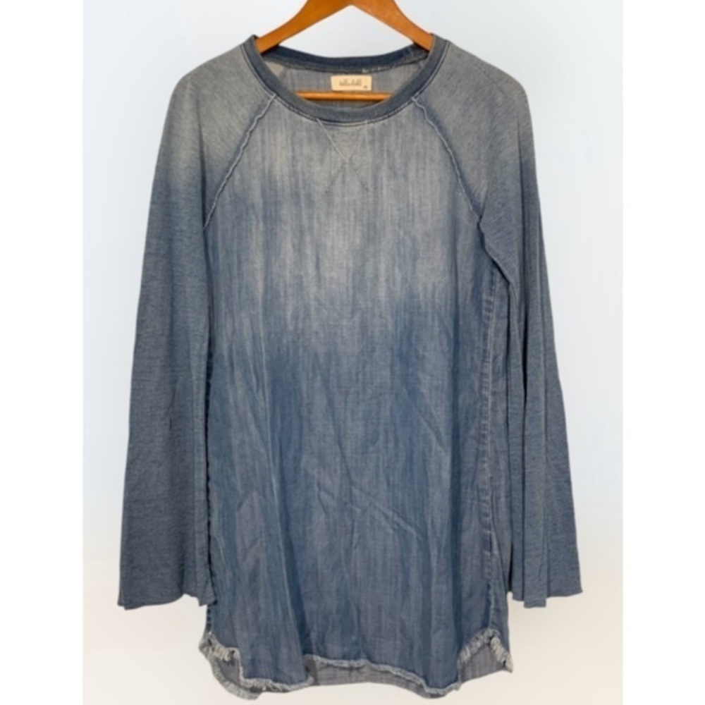 THML Washed Out Denim Blue Raw Hem Long Sleeve Crewneck Casual Comfy Tunic XS